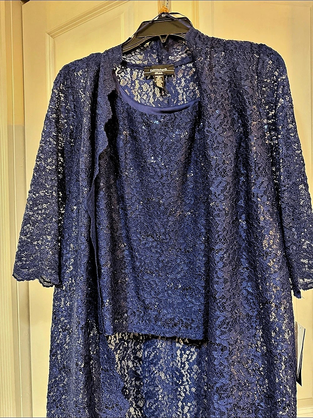 R&M Richards Metallic Lace Petite Pant Suit Blue Size 6P